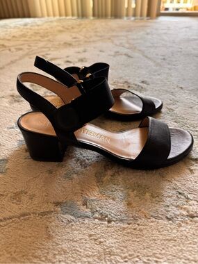 Stuart Weitzman Black Leather & Elastic Block Heel Sandals